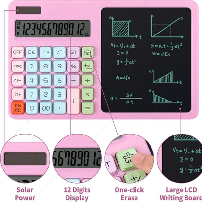 2-in-1 Desktop Calculator with Reusable Writing Board & Stylus Pen – Dual Power (Solar & Battery)